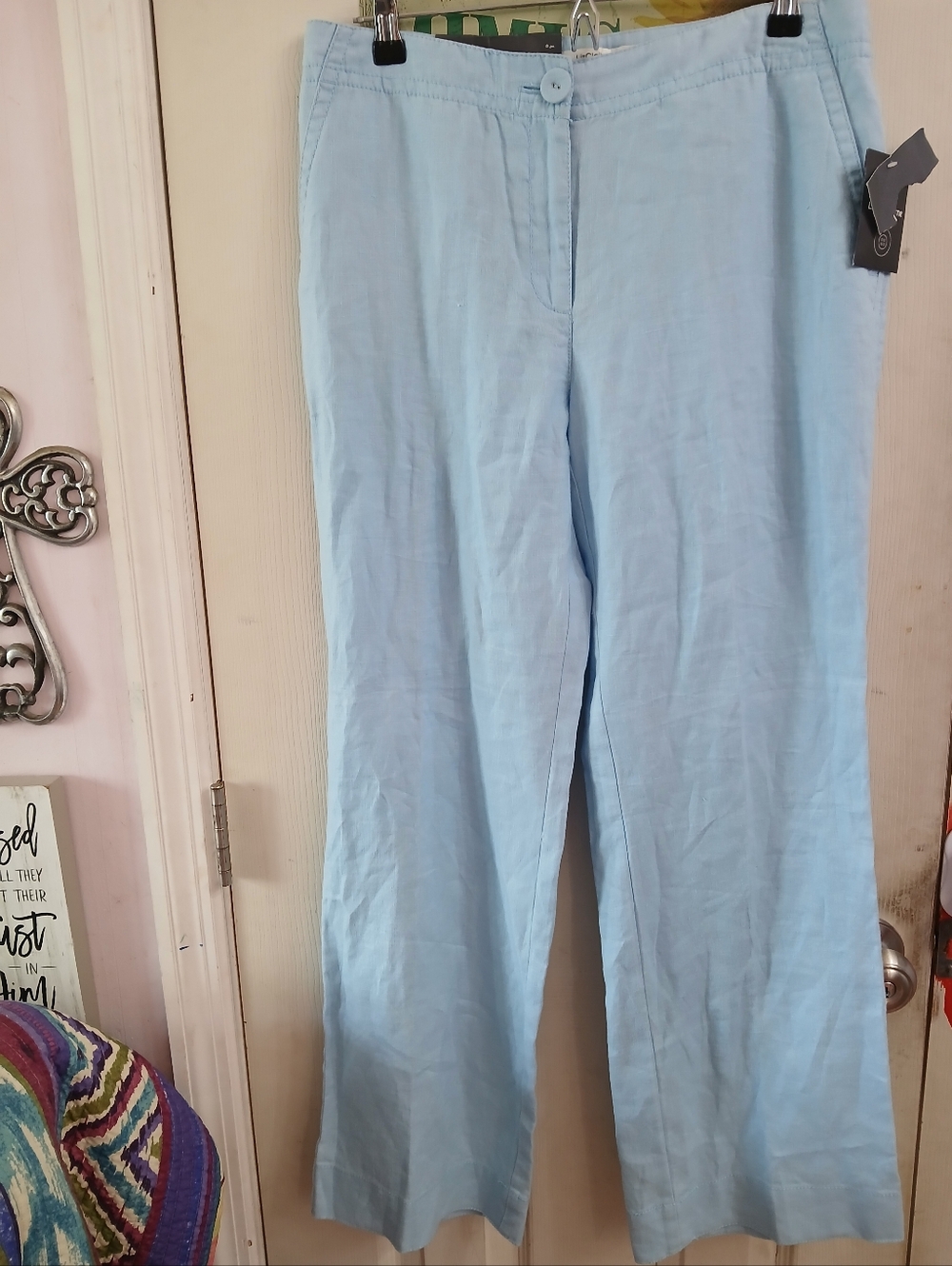 Liz Claiborne New York Jackie Linen Pants Size 10p Blue Wide Leg Sits At Waist